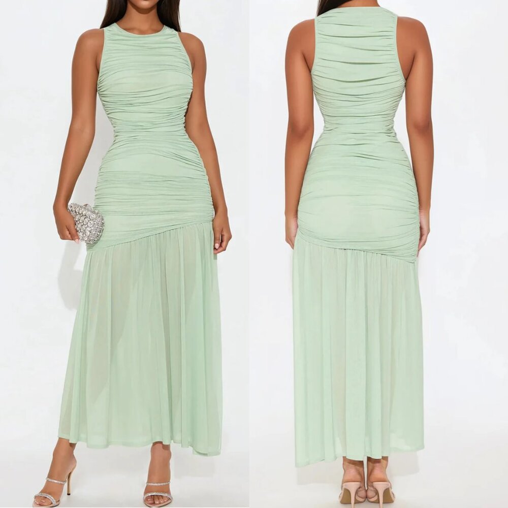 Fashion Nova Mint Green Ruched Mesh Maxi Dress